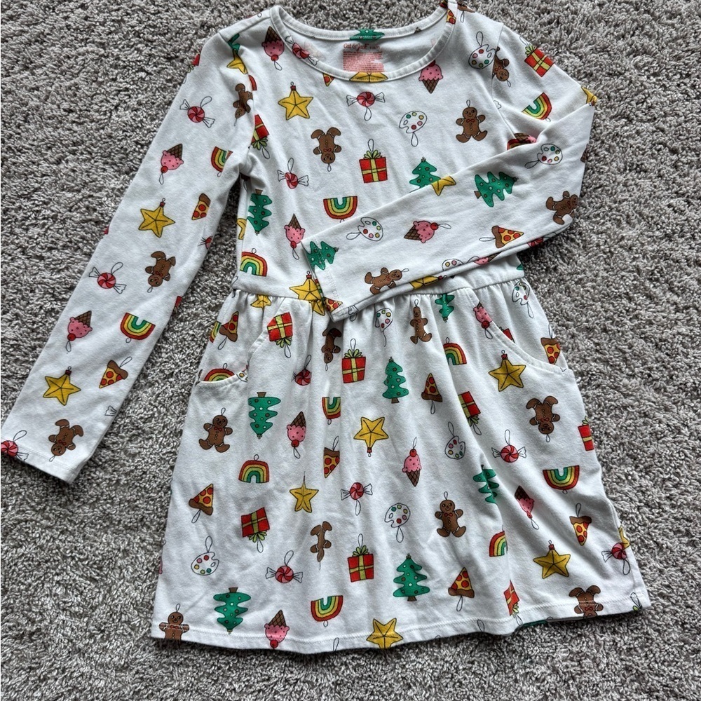 Cat & Jack Girls Holiday Print Long Sleeve Dress – Size Small (6/7) - Picture 2 of 8